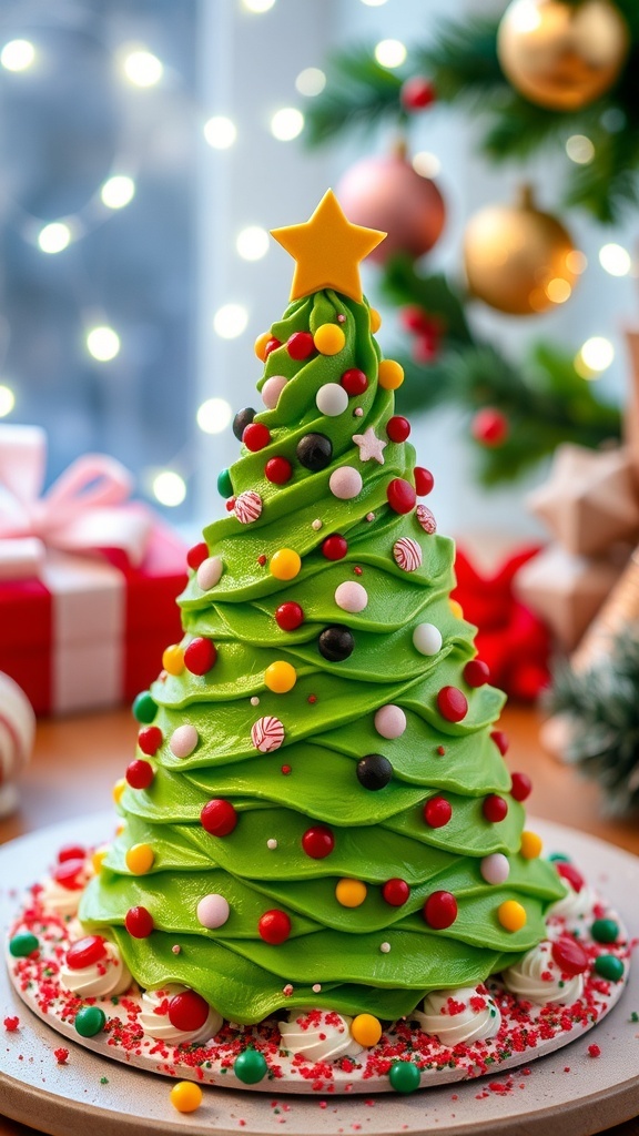 A colorful Christmas tree-shaped cake with green frosting and festive decorations on a holiday table.